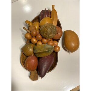 Leilani LOT Set 12 Hand Carved Fruit & Tray Folk Art Monkey Pod VTG Retro MCM